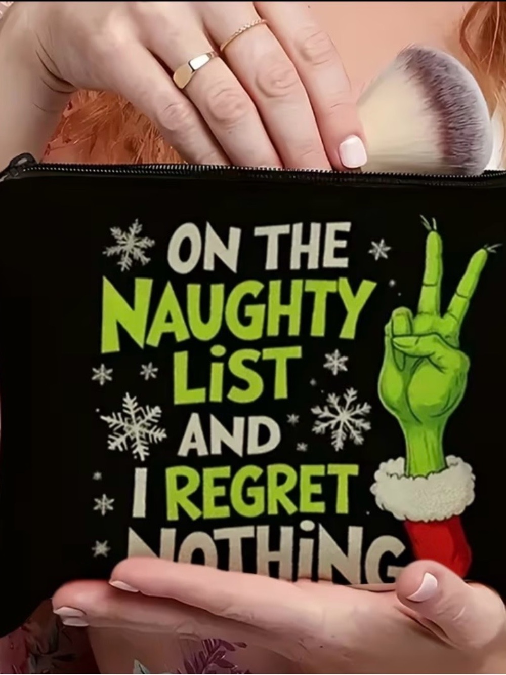 Funny Grinch Holiday Cosmetic or Accessory Bag - Black and Green - Picture 2 of 5